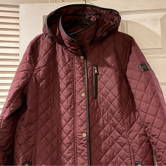 Lauren Ralph Lauren Quilted Hooded Coat XL Burgundy Equestrian Lining - Picture 2 of 14